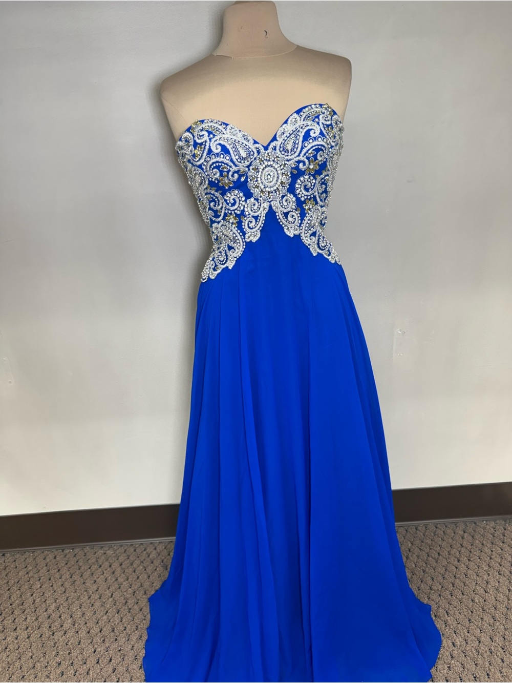 Jasz couture Strapless Royal Blue Prom Dress with Silver Embellished Bodice